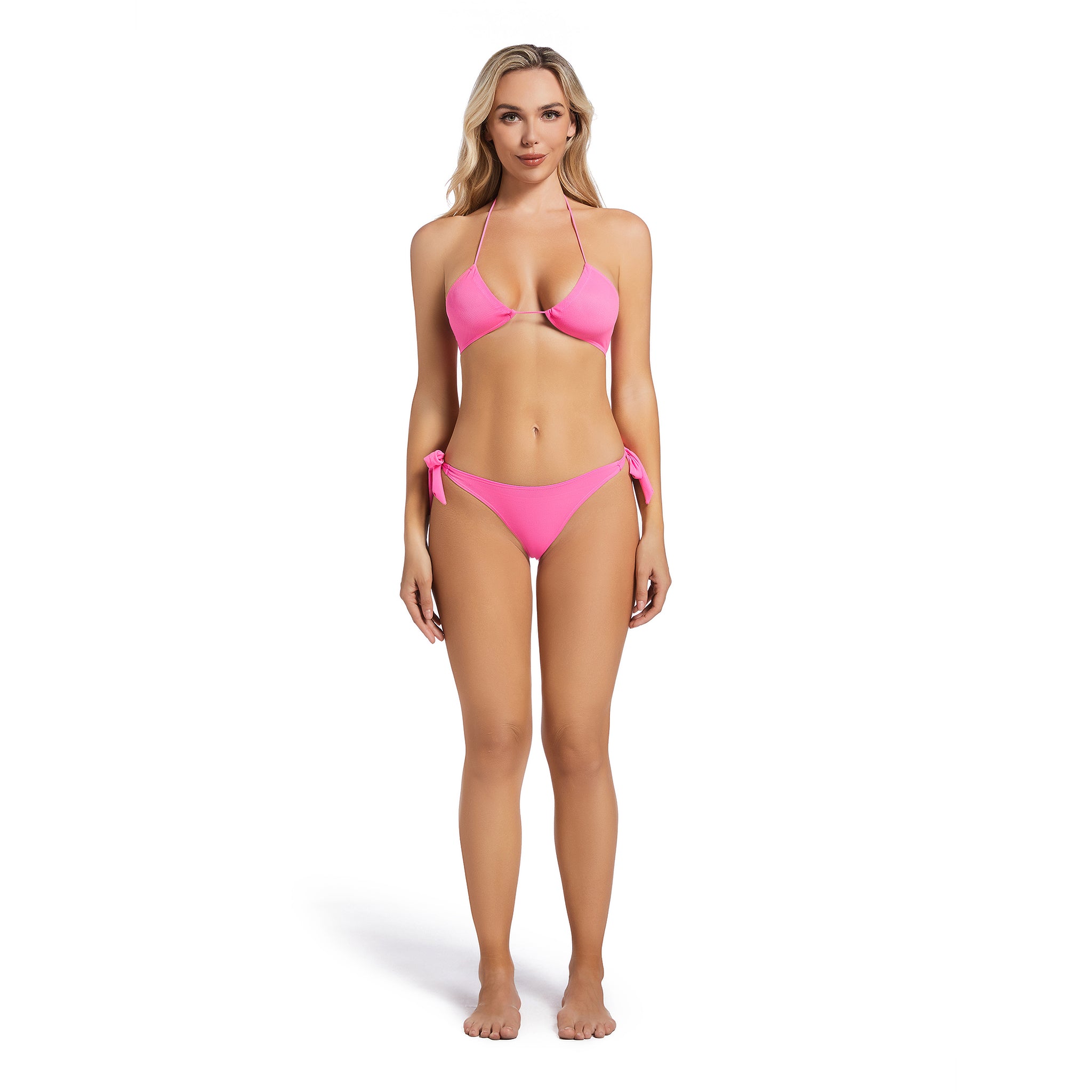 Feminine Double Bow Halter Swimsuit - Ribbed Side Tie Pink Two Piece - Tan Through Minimise Tan Lines Bikini Set for Women Female Bathing Suit