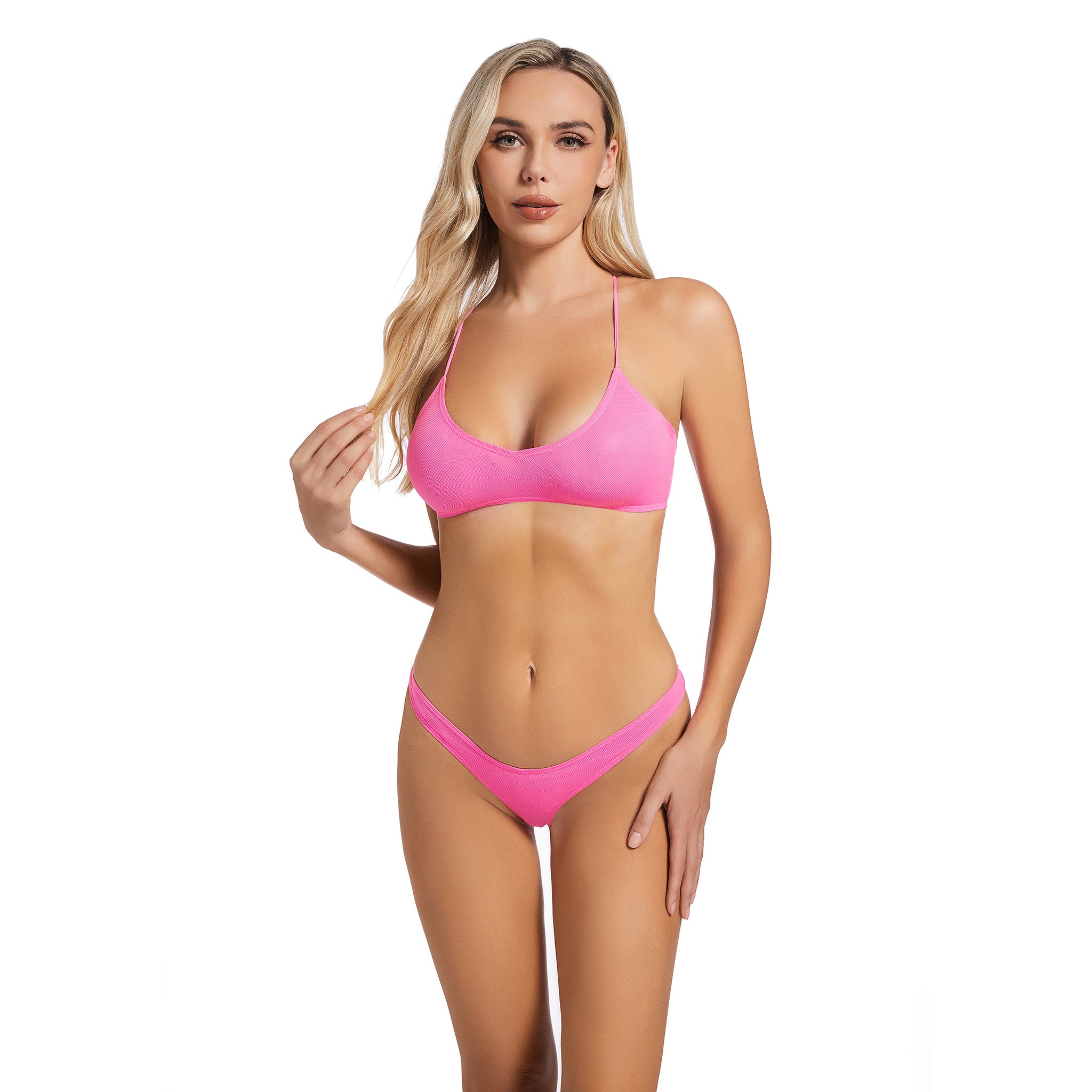 Scoop Neck Crisscross Back Female Swimwear - Pink Two Piece Swimsuit for Women - Tan Through Minimise Tan Lines Ribbed High Leg Woman's Bikini Set