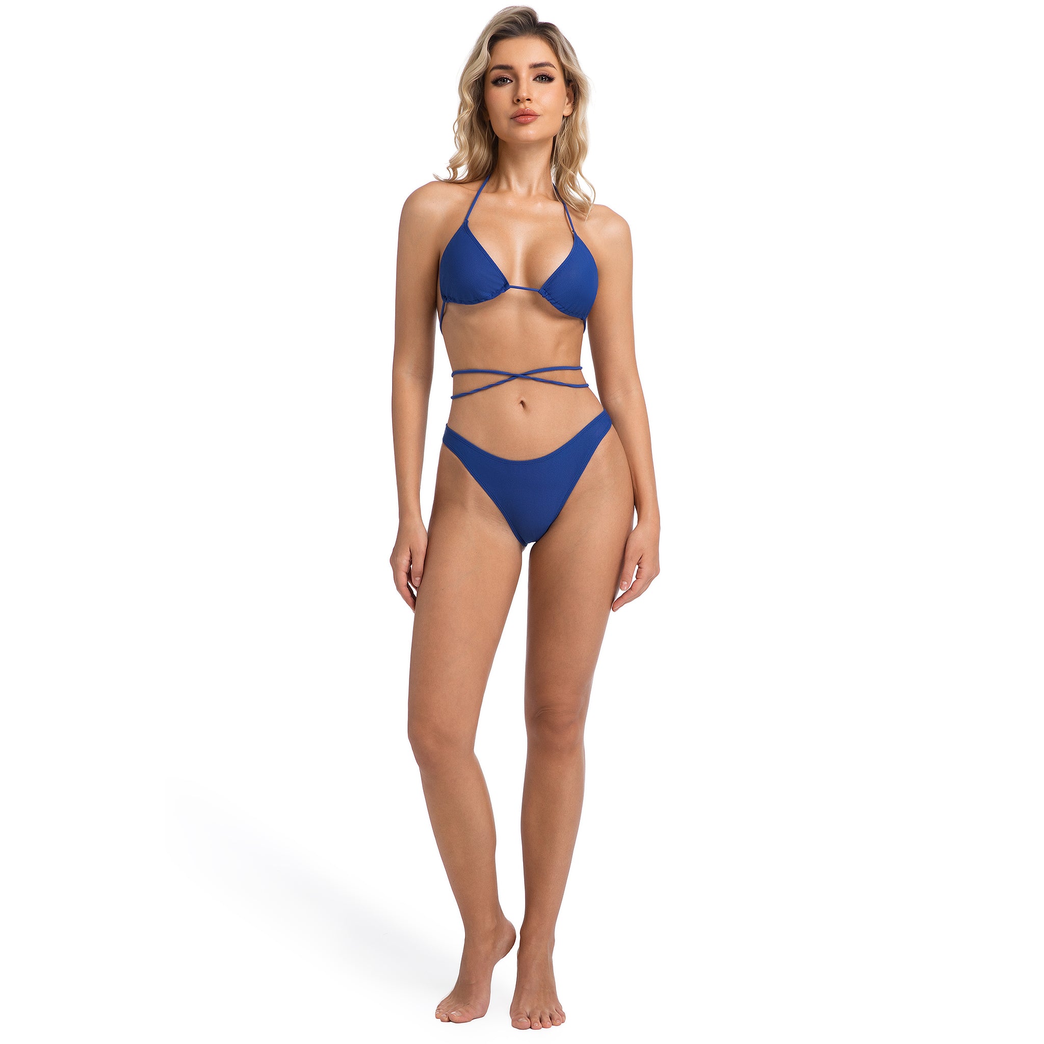 Tan Through Multi-Way Wrap Bikini Set - Minimise Tan Lines UV Permeable Swimwear - Crisscross Halter Top & V-Front High Leg Brazilian Bottoms, Deep Azure