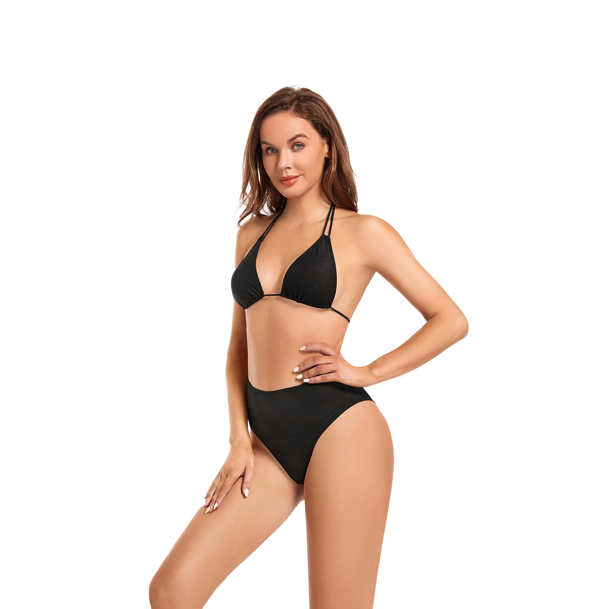 Halter Tan Through Bikini Set - Minimise Tan Lines UV-Permeable Swimwear - Two Piece Sun-Filtering Seamless Bottom Bathing Suit, Onyx Black