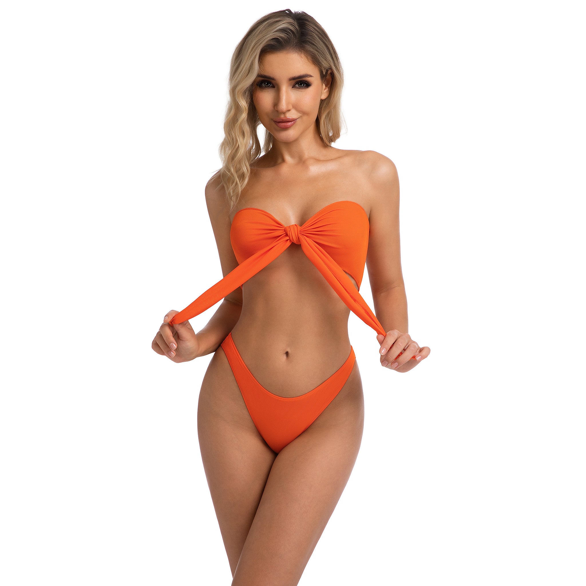 Orange Tan Through Bandeau Bikini Set for Women - Minimise Tan Lines Strapless Swimsuit - Female Front Knot Ribbed High Leg Woman's Two Piece