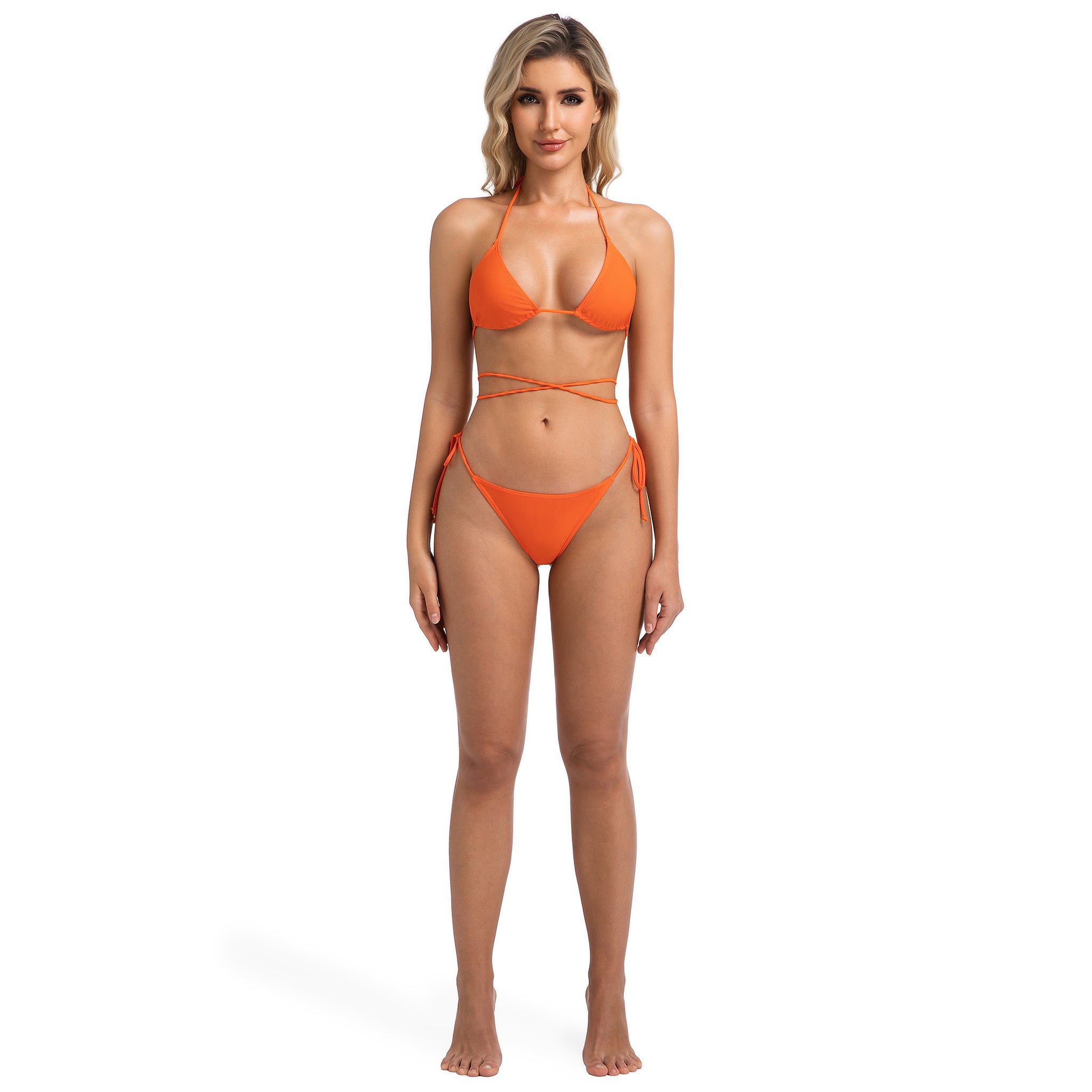 Two Piece Wrap Around Swimsuit for Women - Minimise Tan Lines Female Side Tie Cheeky Bikini - Orange Ribbed Tan Through Woman's Triangle Halter Set