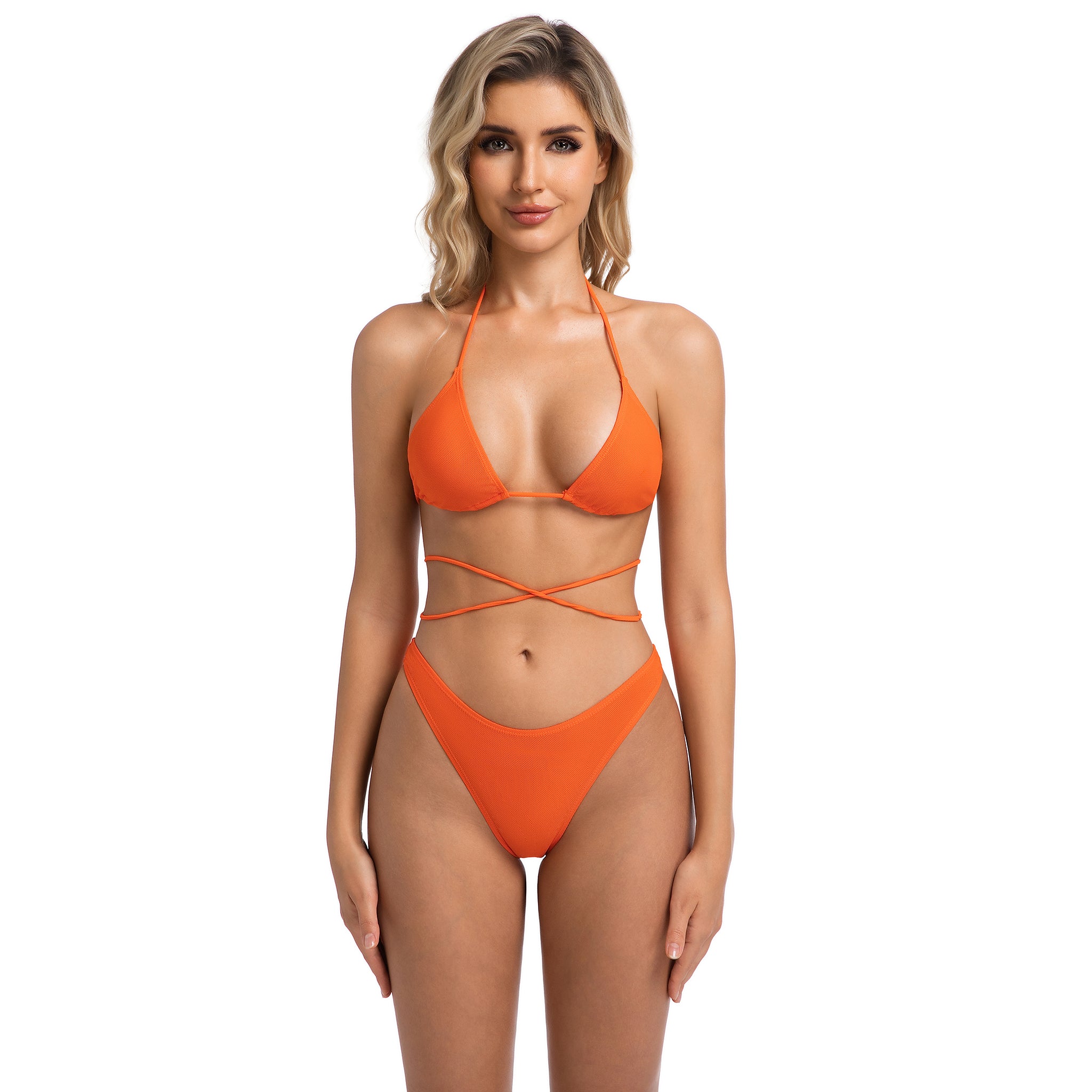 High Leg Mid-Rise Swimsuit for Women - Ribbed Orange Wrap Around Two Piece - Minimise Tan Lines Female Triangle Halter Tan Through Bikini Set