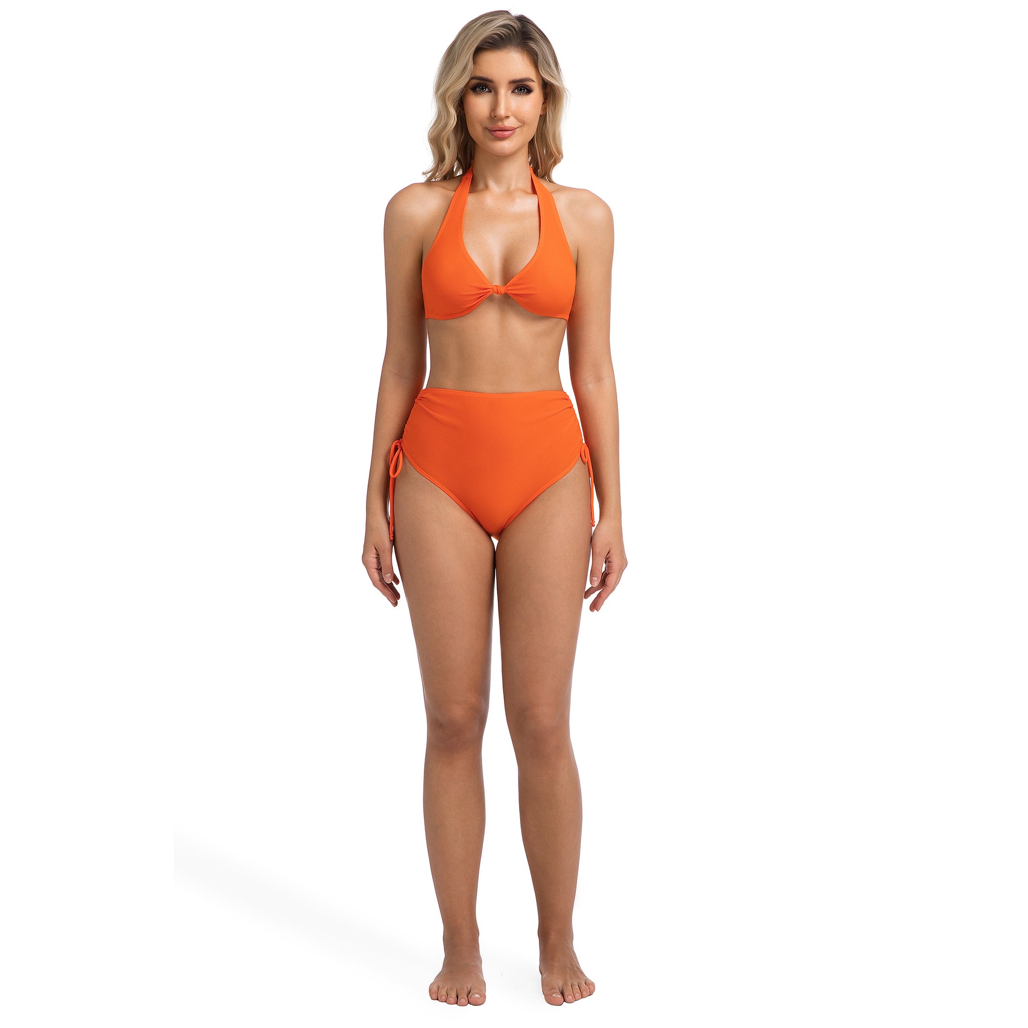 Tan Through High Waisted Bikini for Women - Minimise Tan Lines Double Bow Halter Swimsuit - Female Side Tie Ruched Ribbed Orange Two Piece