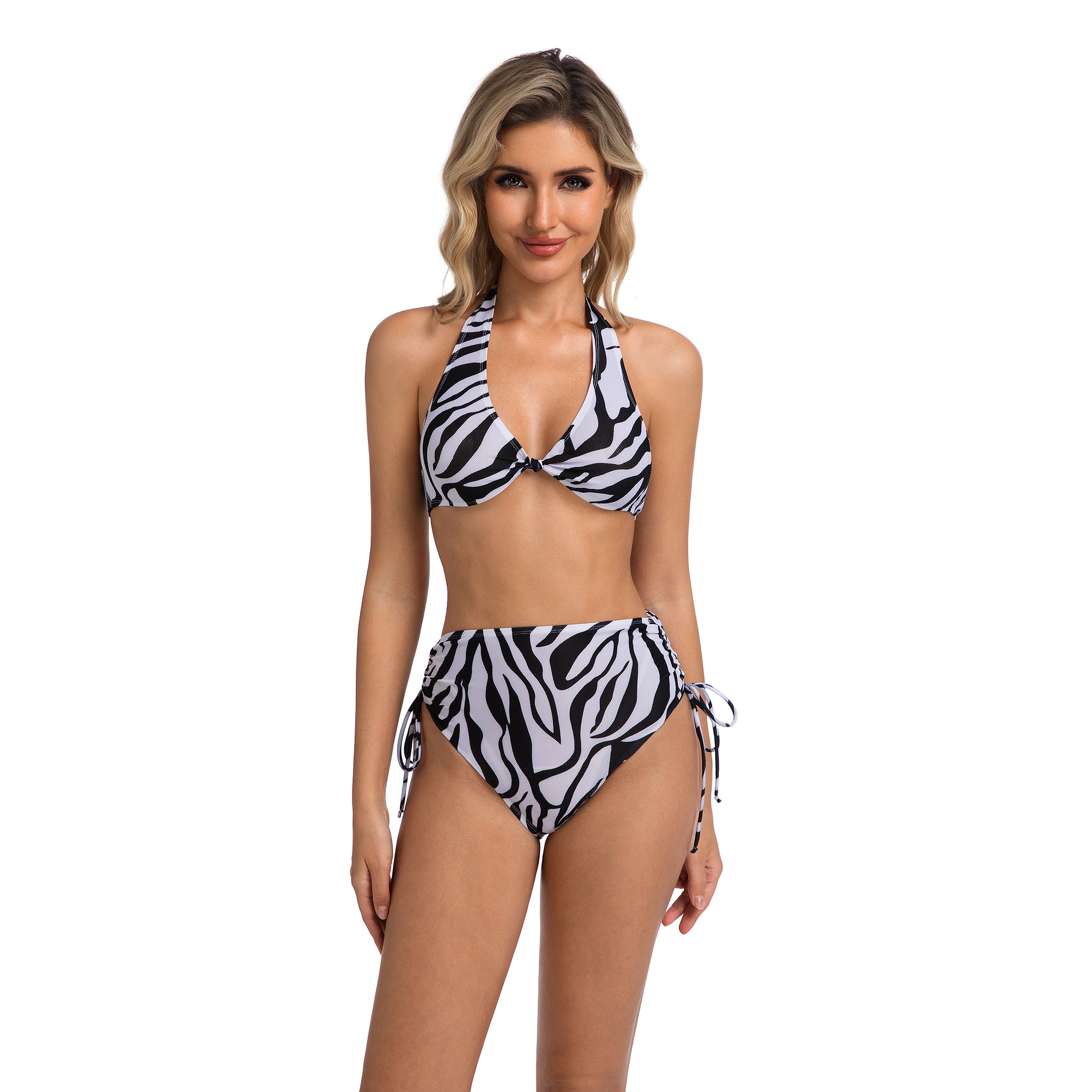 Front Knot Halter Bikini Top High-Waist Side Tie Two Piece - Zebra Print Swimsuit for Women - Ribbed Minimise Tan Lines Tan Through Female Bathing Suit Woman's Holiday Beachwear