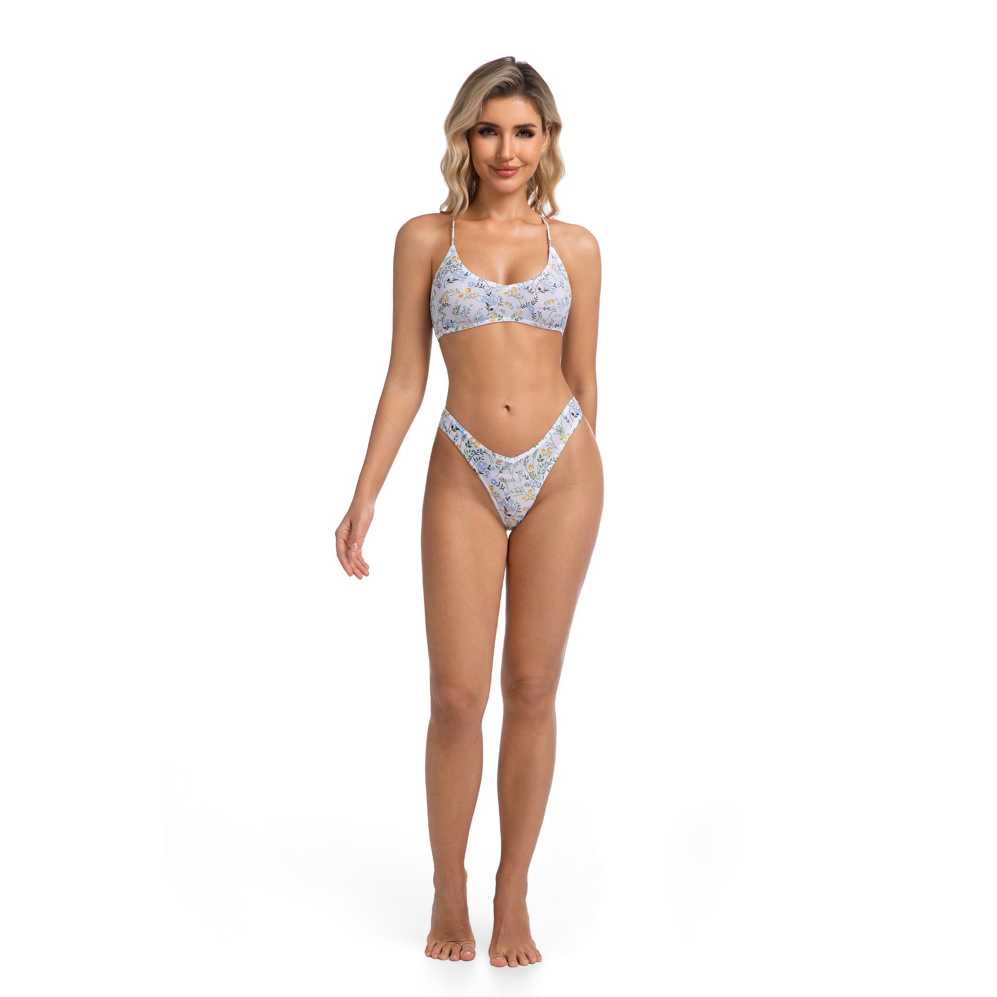 Tan Through Swimsuit for Women Wildflower Patterned - Minimise Tan Lines Scoop Neck Crisscross Top - Ultra High Leg V-Front Ribbed Female Bikini Set Woman's Vacation Bathing Suit