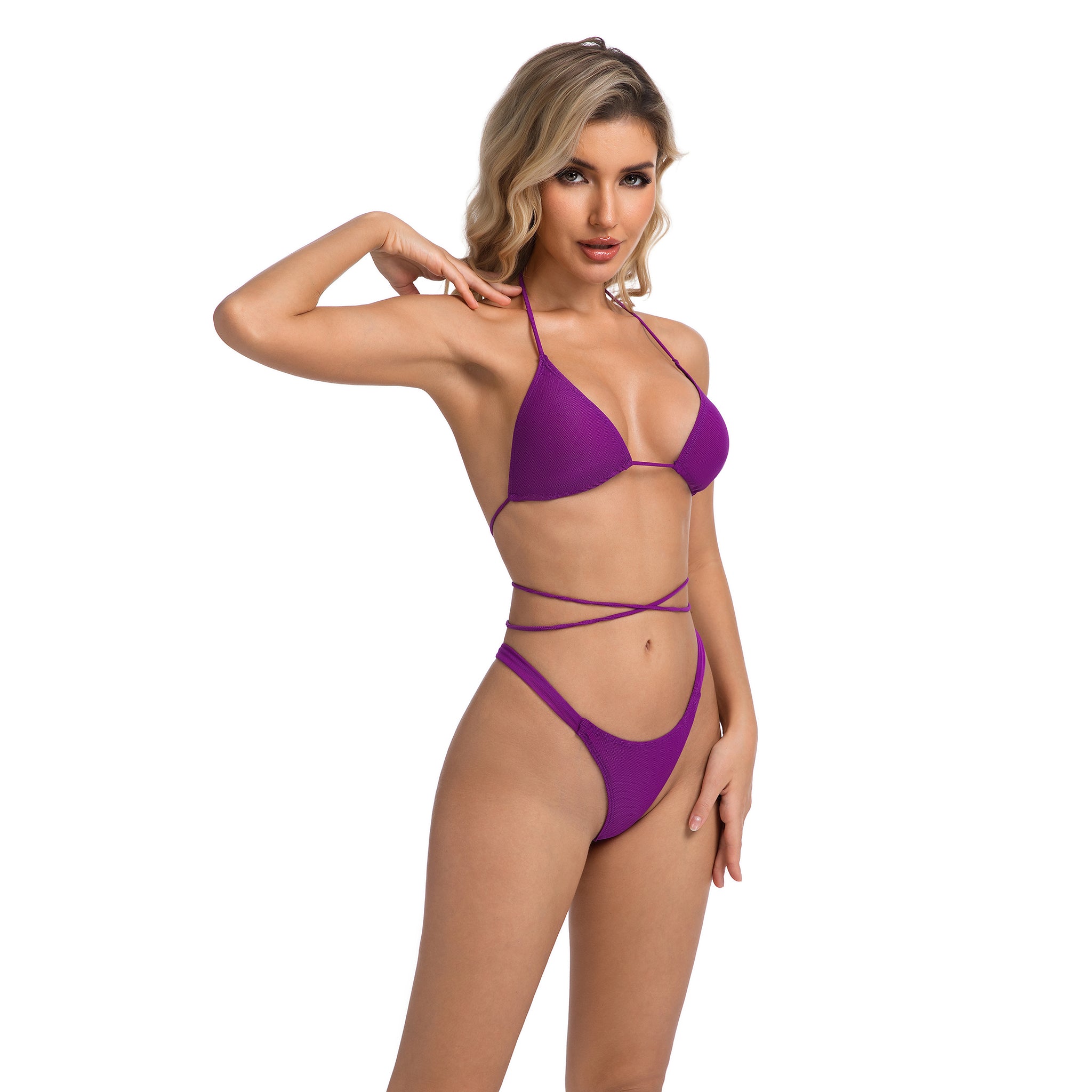 Violet Ribbed Two-Piece Swimwear for Women Tan Through Minimise Tan Lines - Multi-Way Wrap Top Thong Bottom - Female Solid Purple Bathing Suit Woman's