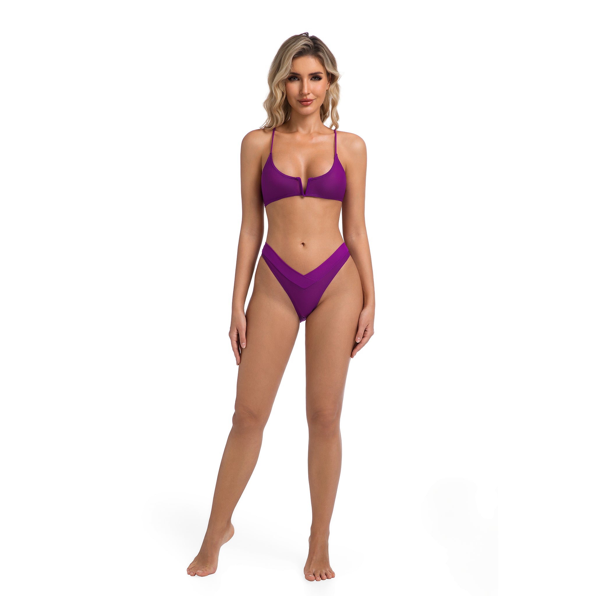 Bathing Suit for Women Tan Through Minimise Tan Lines - V-Wire Scoop Neck Bikini Violet V-Front Bottom - Two-Piece Ribbed Swimwear Female Solid Purple Woman's