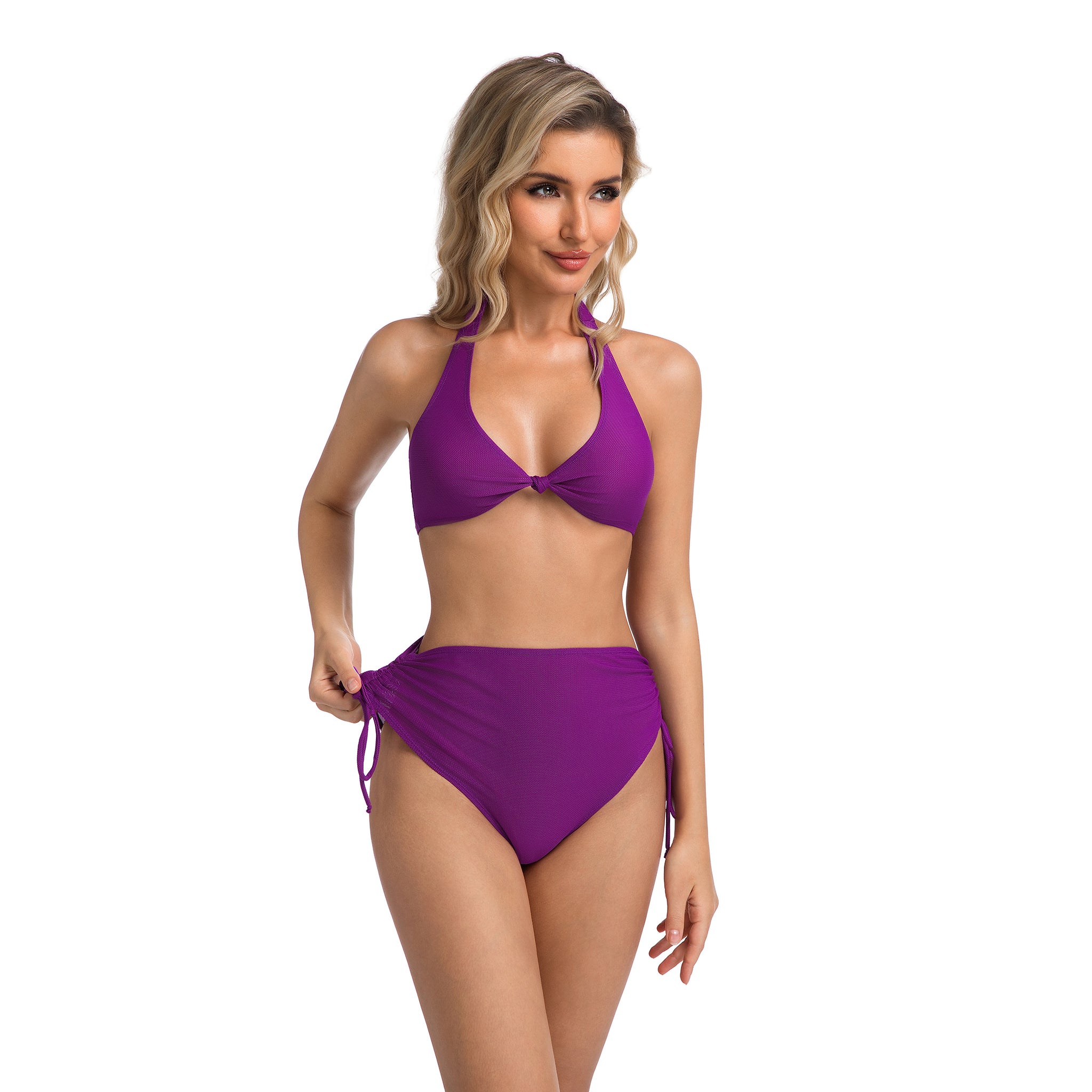 High-Waisted Ruched Bikini Set Violet - Tan Through Minimise Tan Lines Knot Front Top - Two-Piece Swimwear for Women Female Solid Purple Bathing Suit Woman's