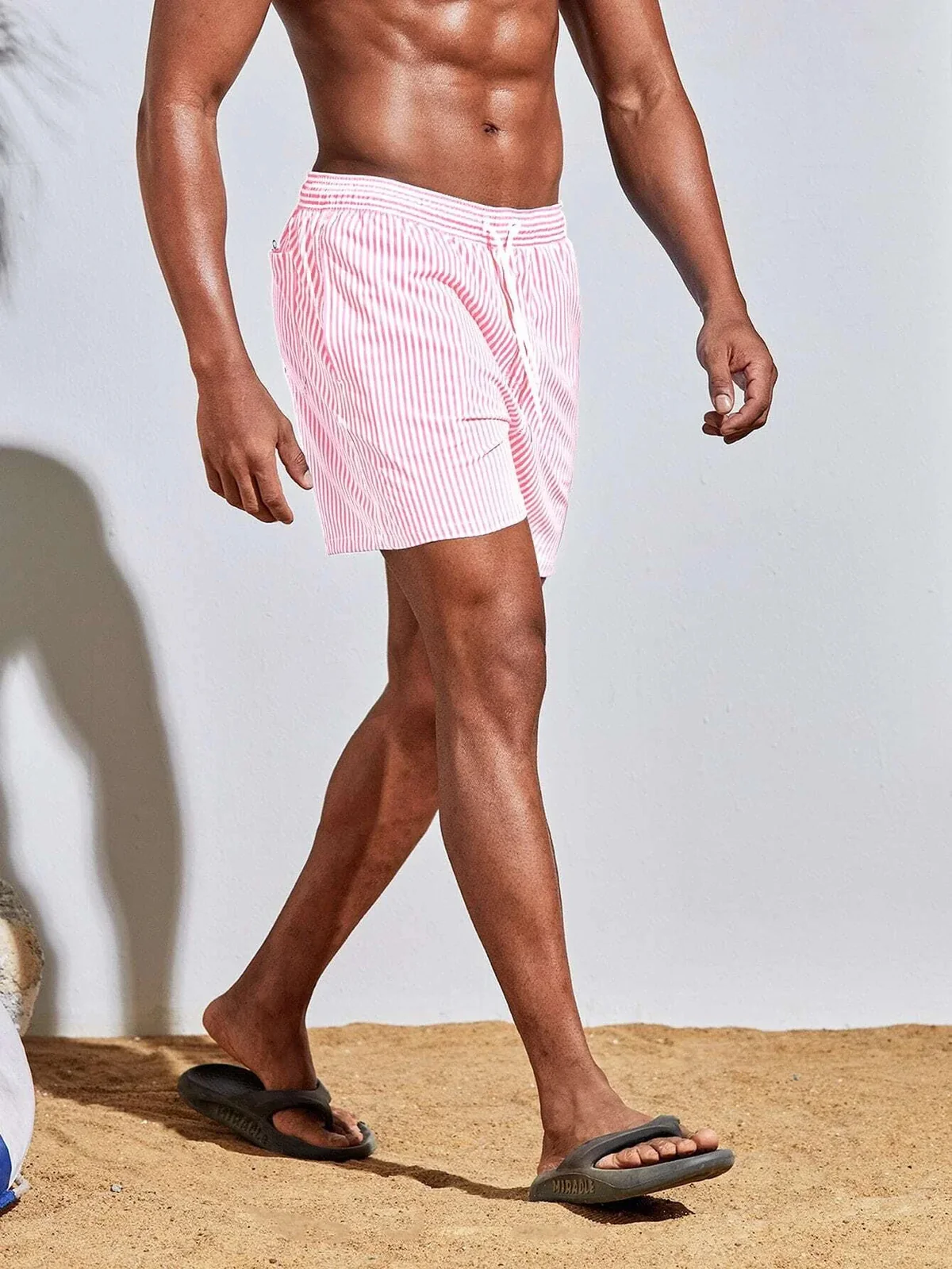 Tan Through Minimise Tan Lines Men's Swimwear - Pink White Stripe Beach Trunks - Sun-Permeable Pocketed Quick-Dry Board Shorts Male Bathing Suit