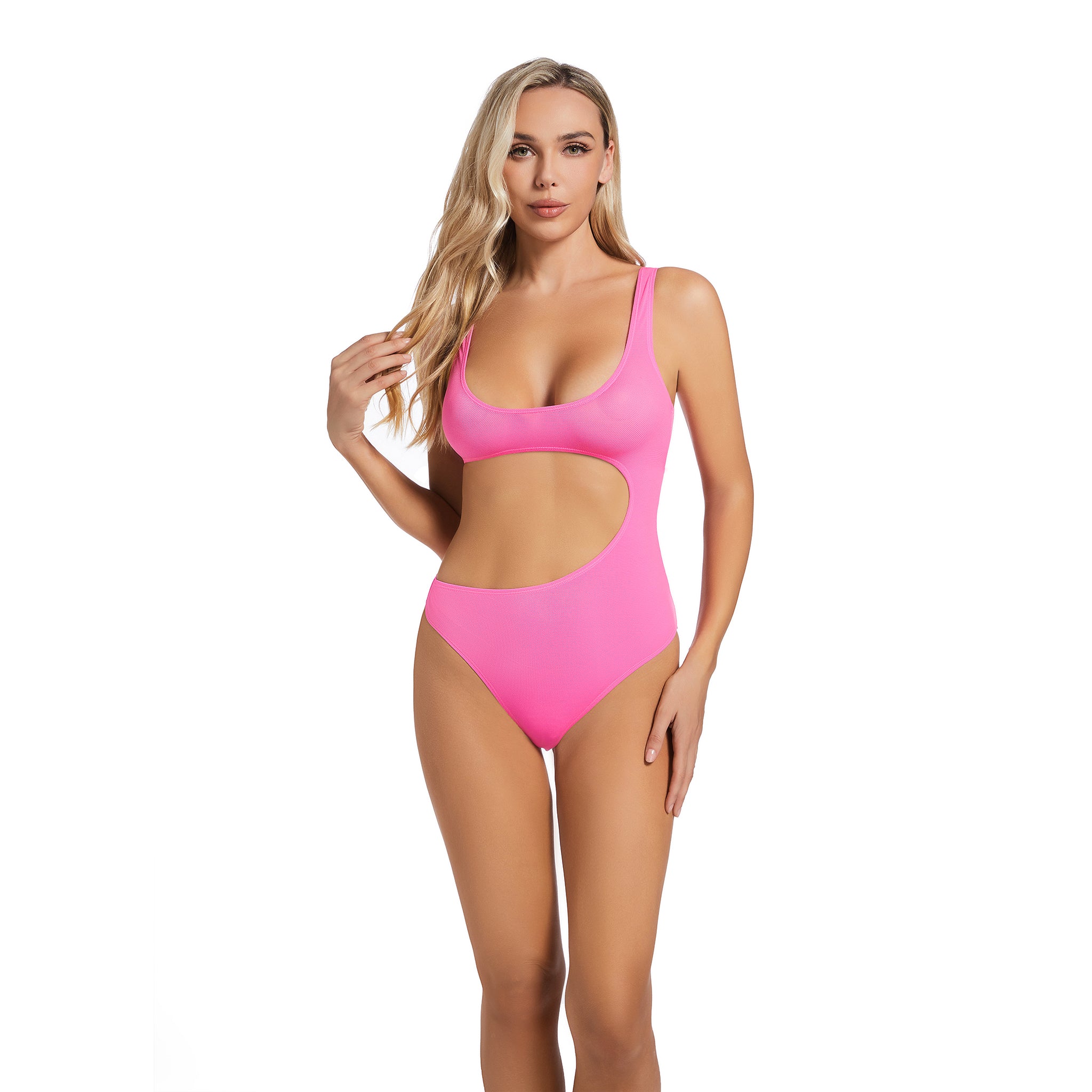 Minimise Tan Lines Pink One Piece Swimsuit for Women - Asymmetrical Cutout Female Monokini - Tan Through Ribbed U-Neck Woman's High Leg Bathing Suit